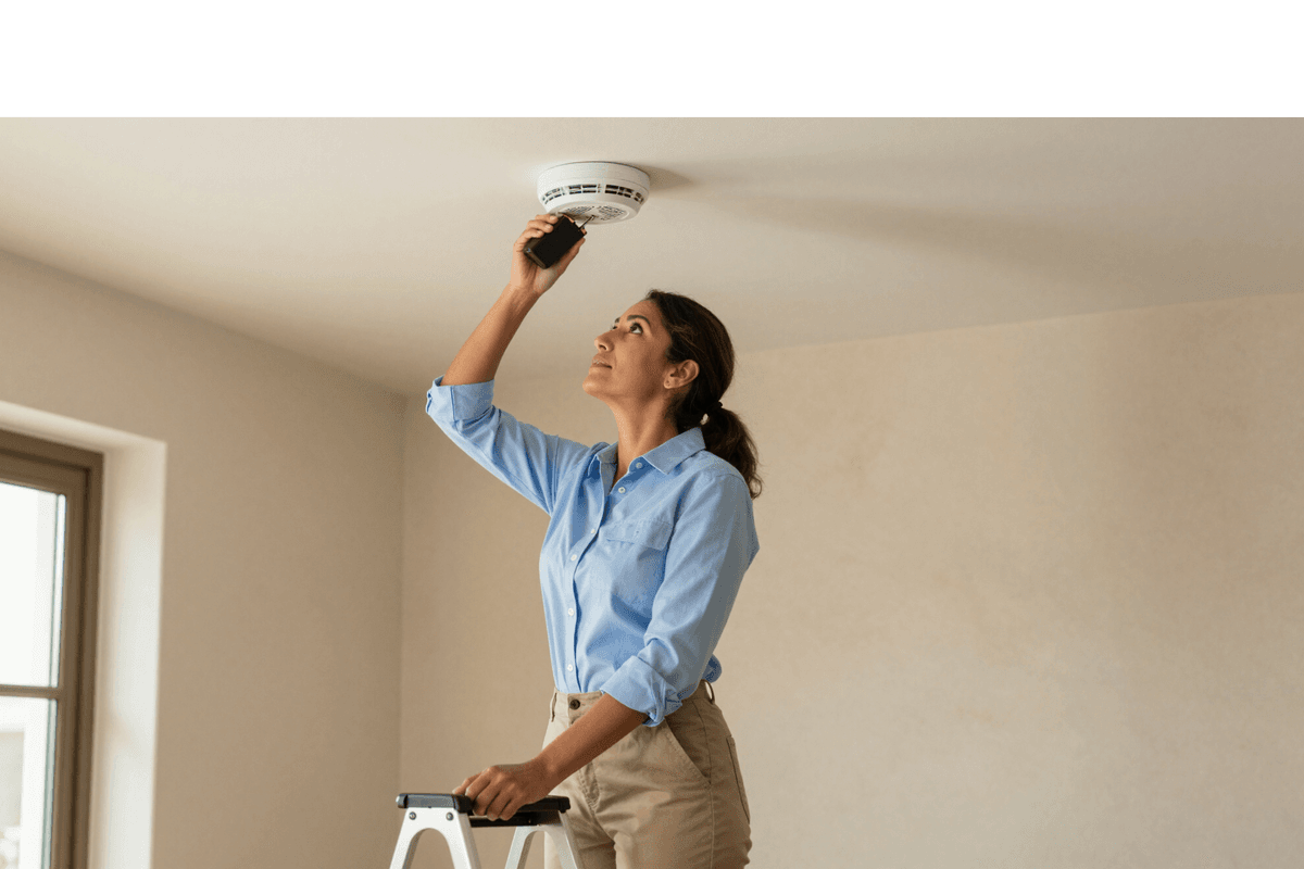 Woman checking a smoke detector on the ceiling